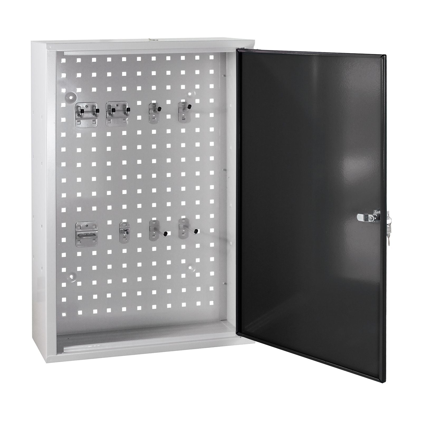 Werkzeug-Wandschrank, Stahlblechschrank mit Loch-Rückwand, 750x500x200 mm, mit 8-tlg. Hakenset