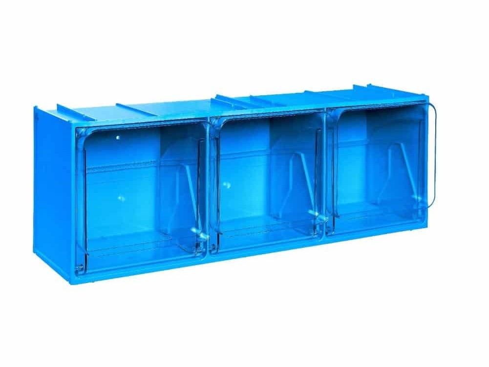 Stapelbares Klarsichtmagazin, Kleinteilemagazin K3, 600x155x175 mm (LxBxH) mit 3 Kippschütten