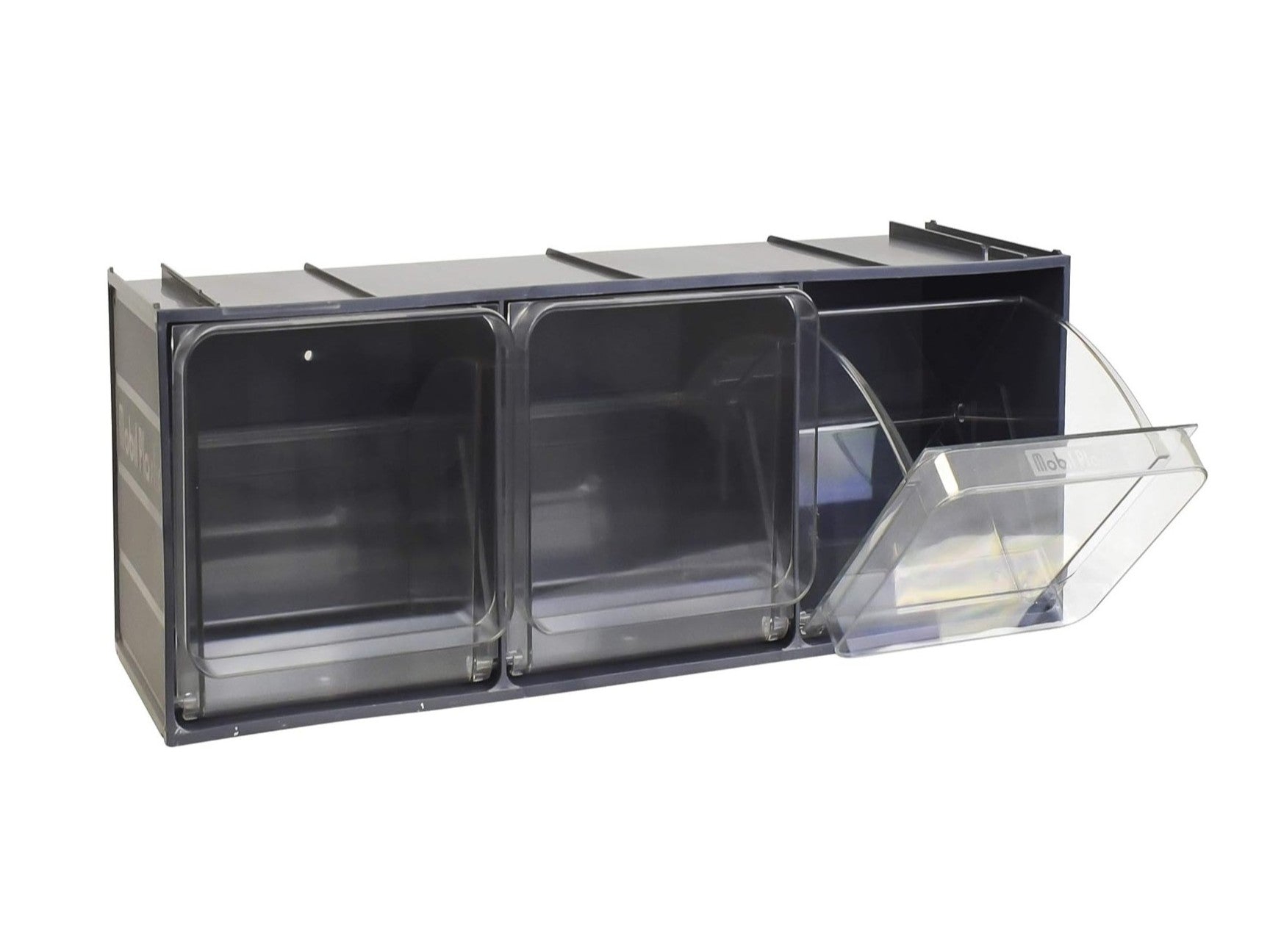 Stapelbares Klarsichtmagazin, Kleinteilemagazin K3, 600x155x175 mm (LxBxH) mit 3 Kippschütten