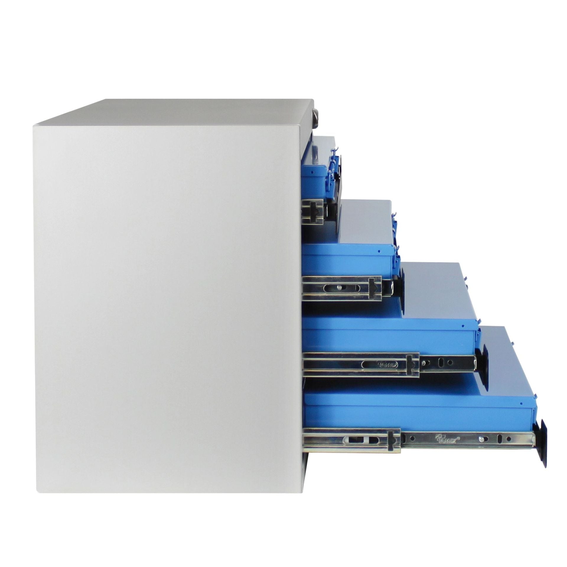 Wandtresor mit 4 Sortimentskasten, abschließbar, grau/blau, Maße: 400x260x353 mm (BxTxH)