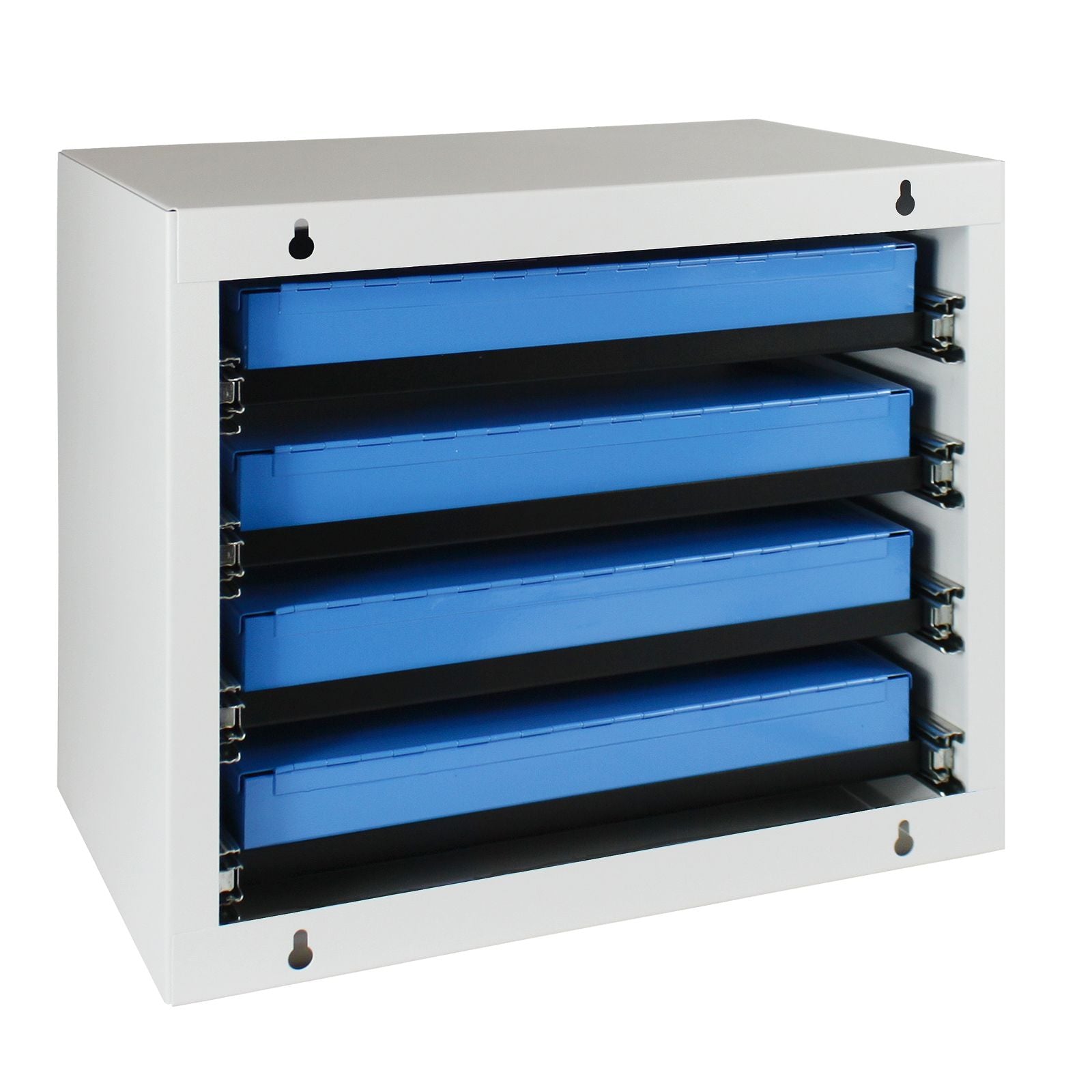 Wandtresor mit 4 Sortimentskasten, abschließbar, grau/blau, Maße: 400x260x353 mm (BxTxH)