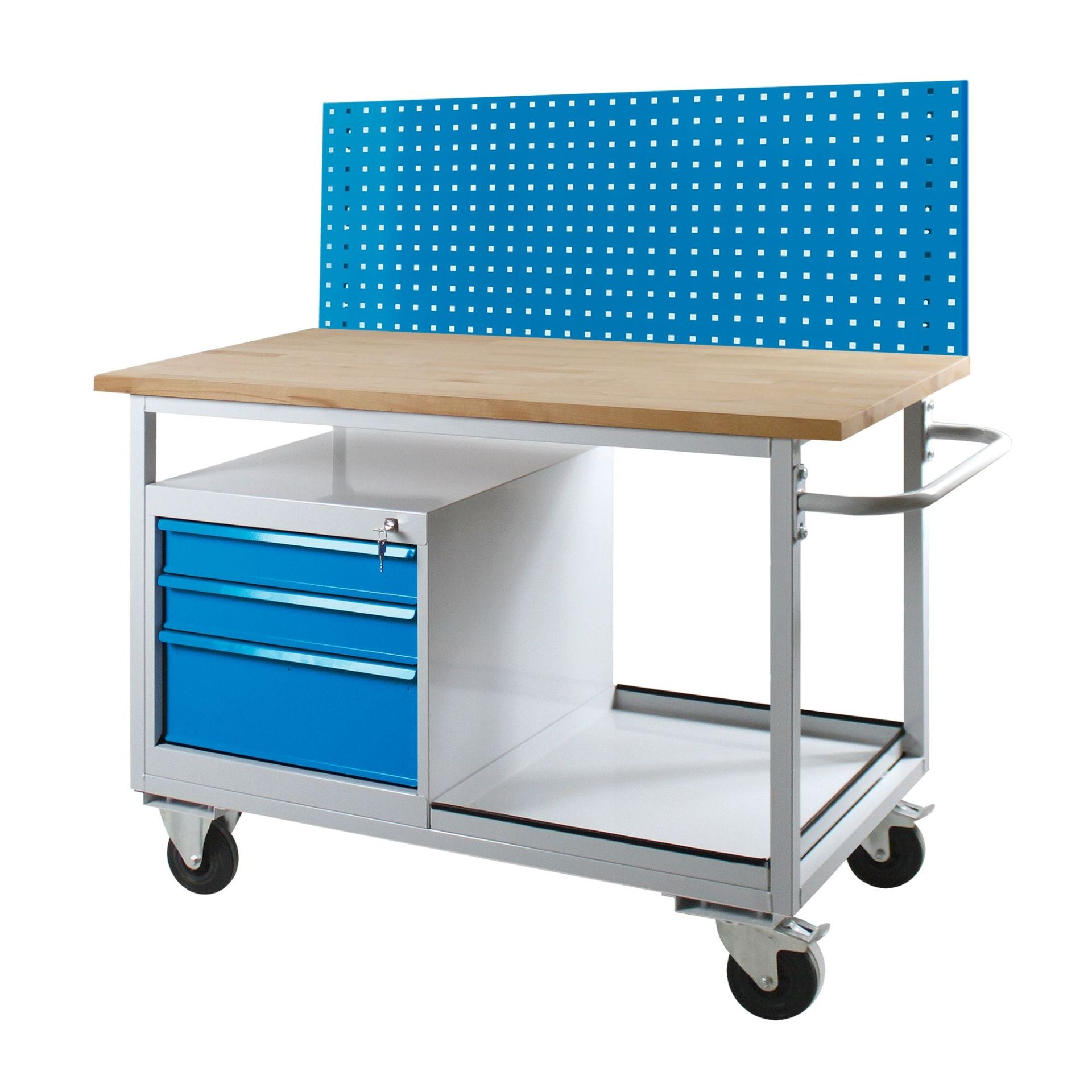Werkbank Rollwagen mit rückseitiger Lochwand, grau/blau, 1300x600x1306 (BxTxH), 300 kg Traglast