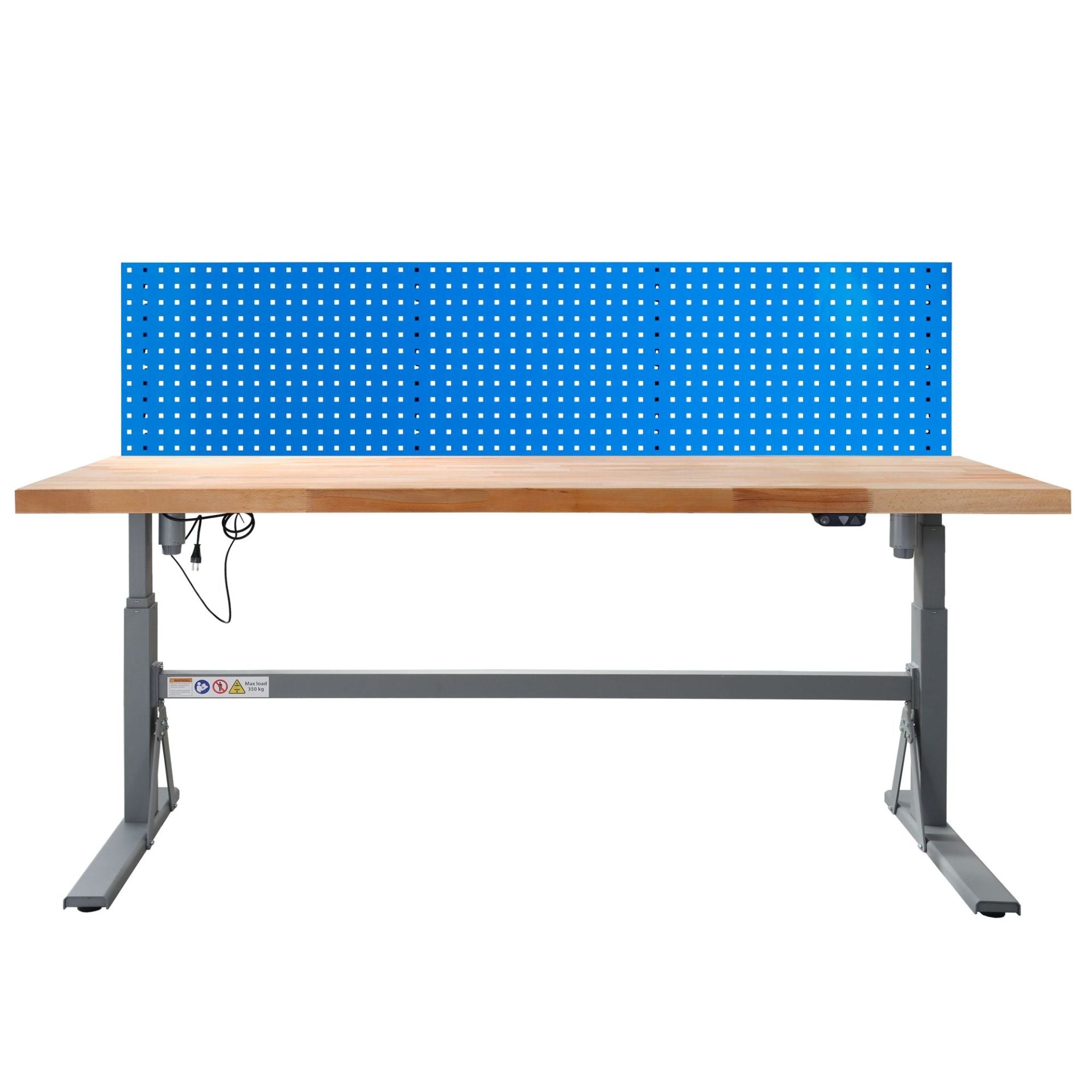Werkbank XL, elektrisch verstellbar, 2000x750x700-1170 mm, mit Lochwand, 50 mm Buche massiv, extra stabil, 350 kg Traglast