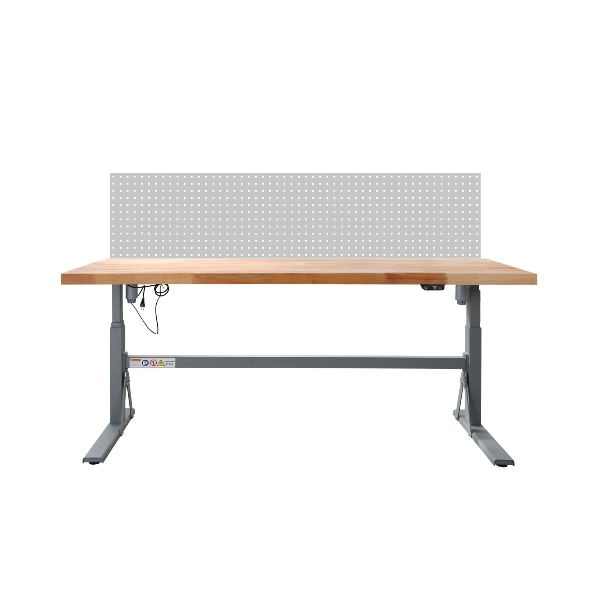 Werkbank XL, elektrisch verstellbar, 2000x750x700-1170 mm, mit Lochwand, 50 mm Buche massiv, extra stabil, 350 kg Traglast