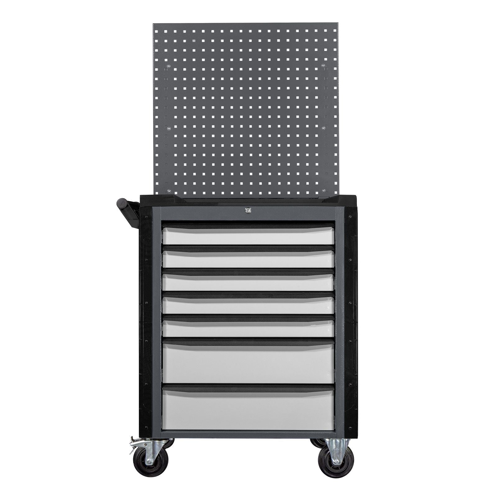 Workshop car trolley with 7 drawers and rear perforated panel, body anthracite grey RAL7016, 750x475x985 (WxDxH)