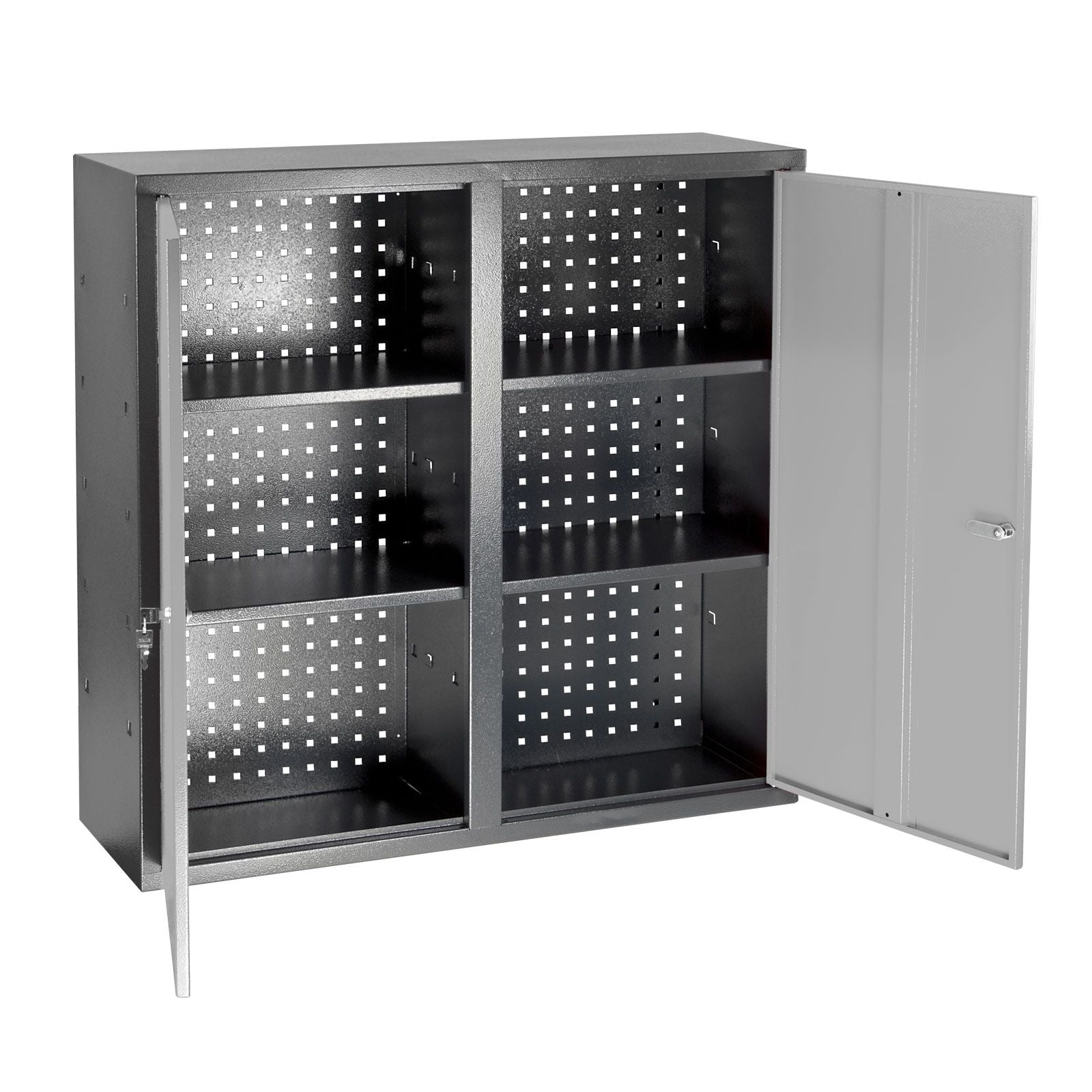 Werkzeug-Wandschrank, Stahlblechschrank "Grey Edition" mit Loch-Rückwand, 1000x1000x300 mm, mit 4 Fachböden