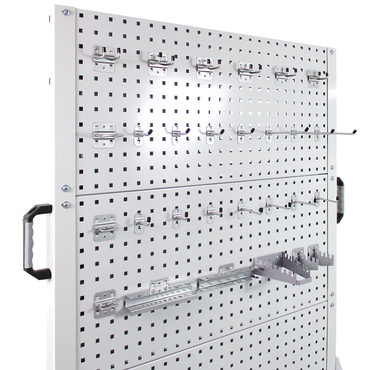 Lochwand Rollwagen mit 4 Lochwänden, lichtgrau RAL 7035, 1260x1080x730 mm (HxBxT)
