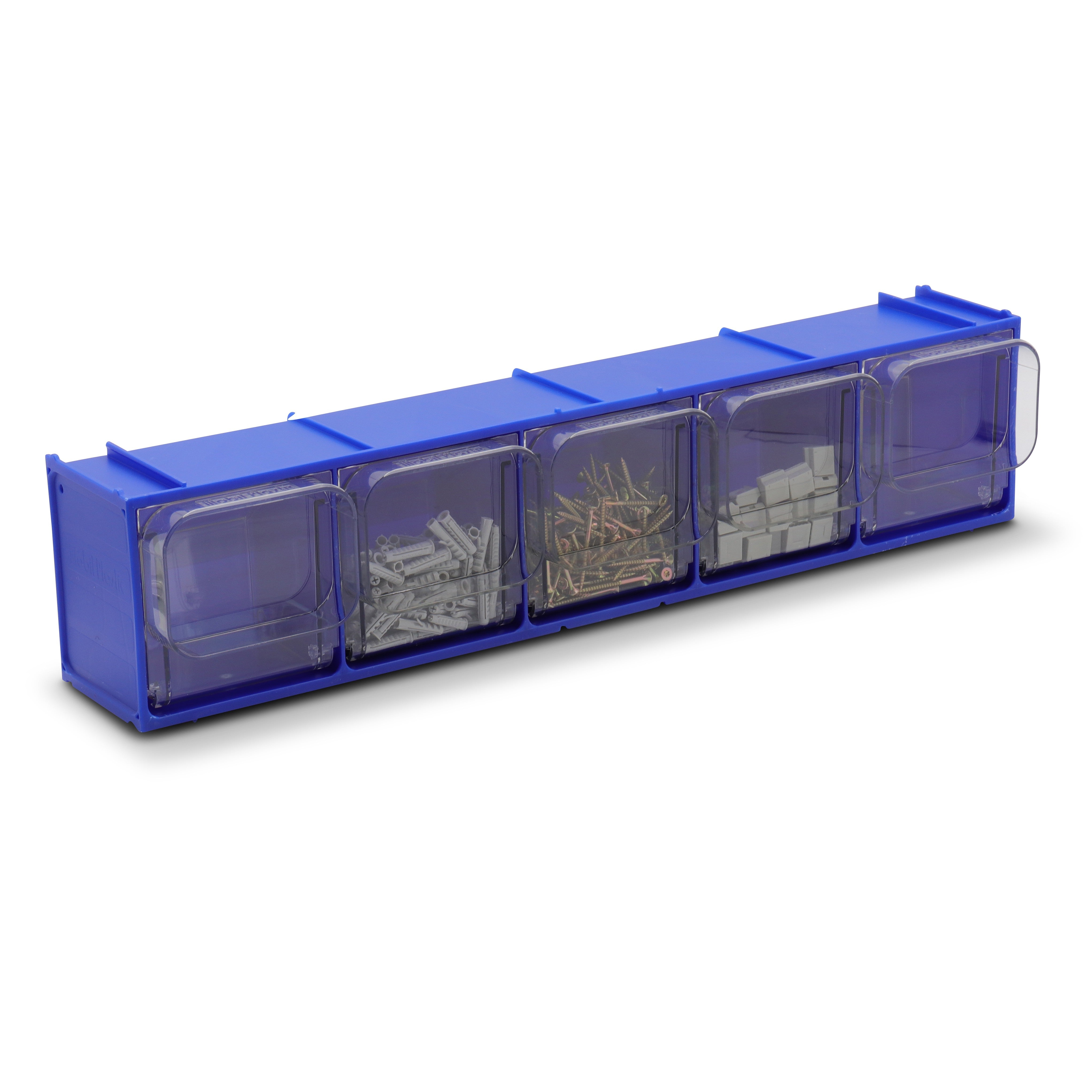 Stapelbares Klarsichtmagazin, Kleinteilemagazin K5, 600x133x132 mm (LxBxH) mit 5 Kippschütten