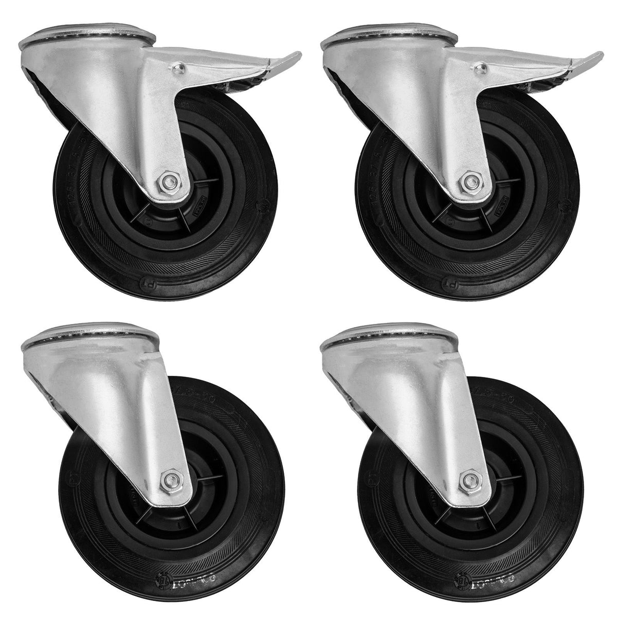 Radsatz für 4 Werkbankfüsse, D=125mm, 4 Lenkrollen (davon 2 Rollen mit Bremse)