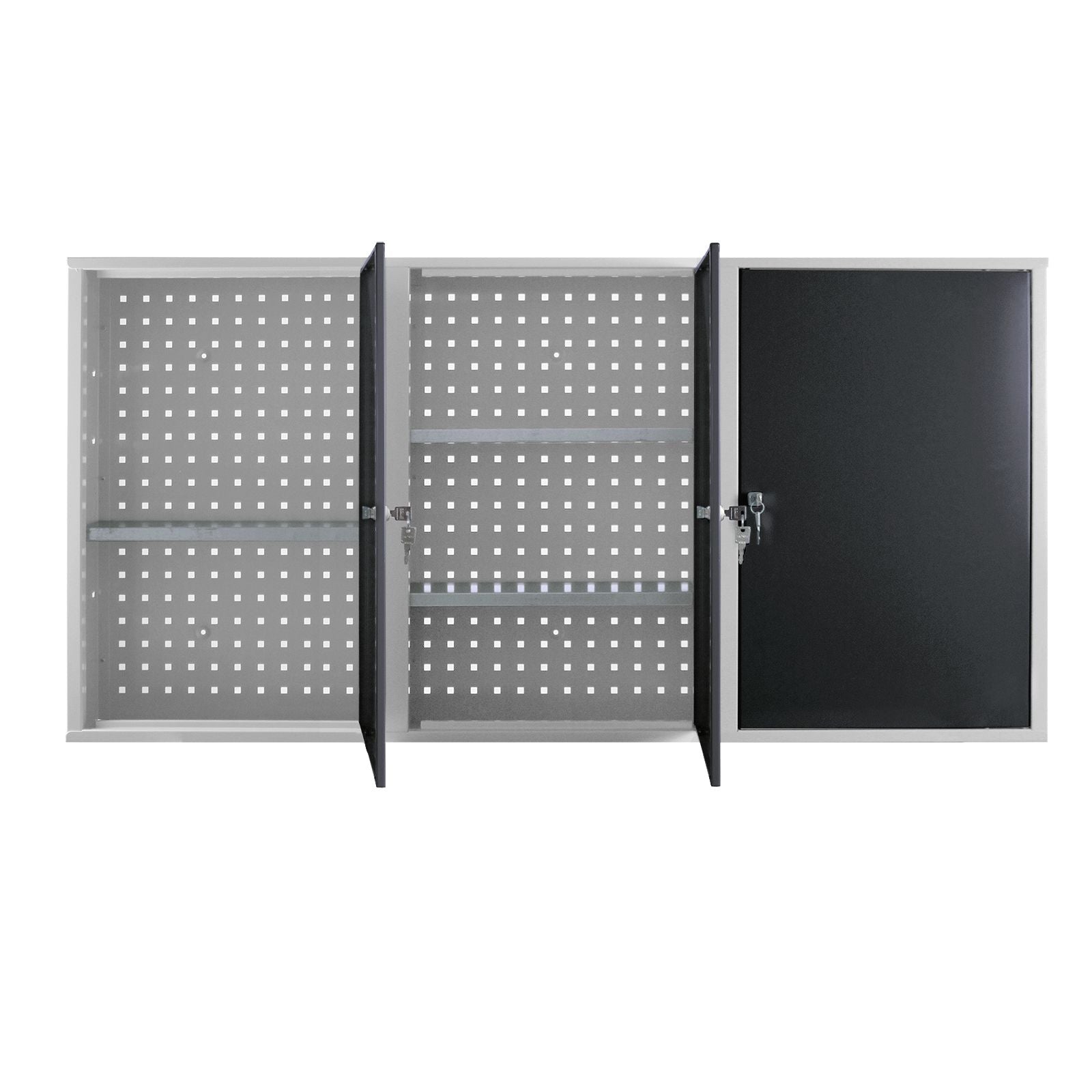 Werkzeug-Wandschrank, Stahlblechschrank mit Loch-Rückwand, 1500x750x200 mm, 3 Türen, mit 4 Fachböden