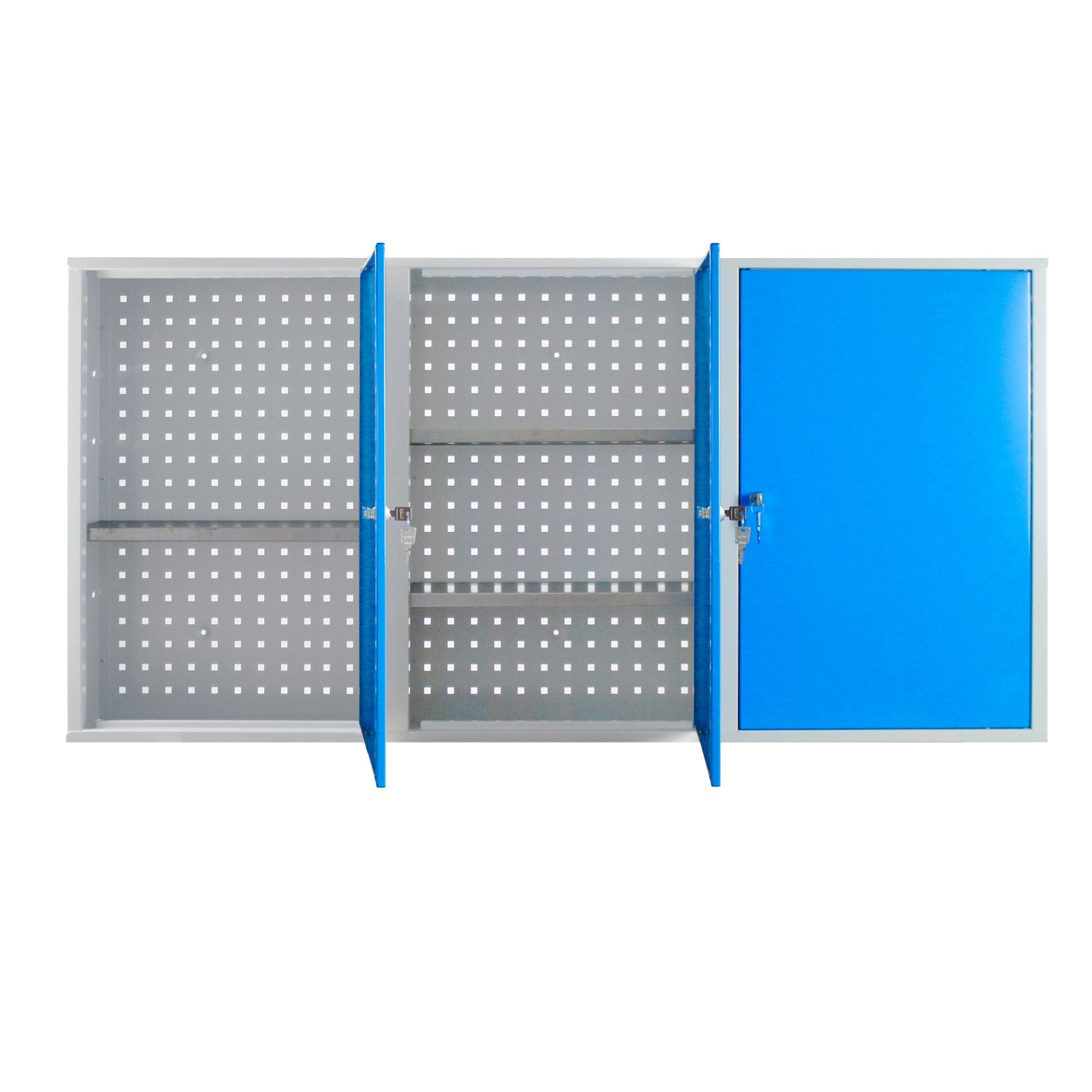 Werkzeug-Wandschrank, Stahlblechschrank mit Loch-Rückwand, 1500x750x200 mm, 3 Türen, mit 4 Fachböden