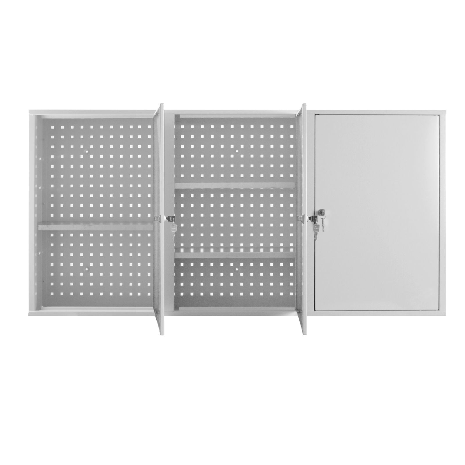 Werkzeug-Wandschrank, Stahlblechschrank mit Loch-Rückwand, 1500x750x200 mm, 3 Türen, mit 4 Fachböden