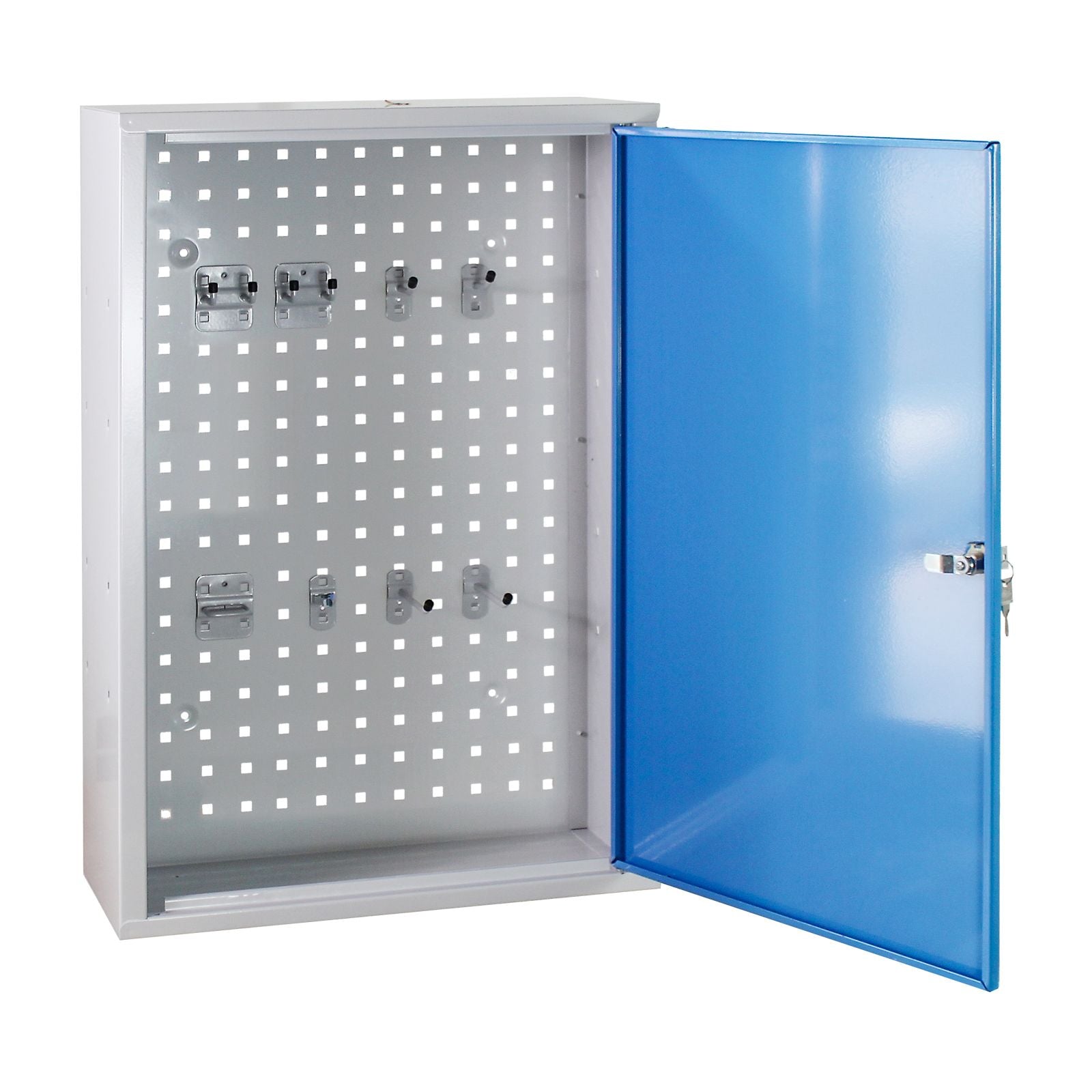 Werkzeug-Wandschrank, Stahlblechschrank mit Loch-Rückwand, 750x500x200 mm, mit 8-tlg. Hakenset