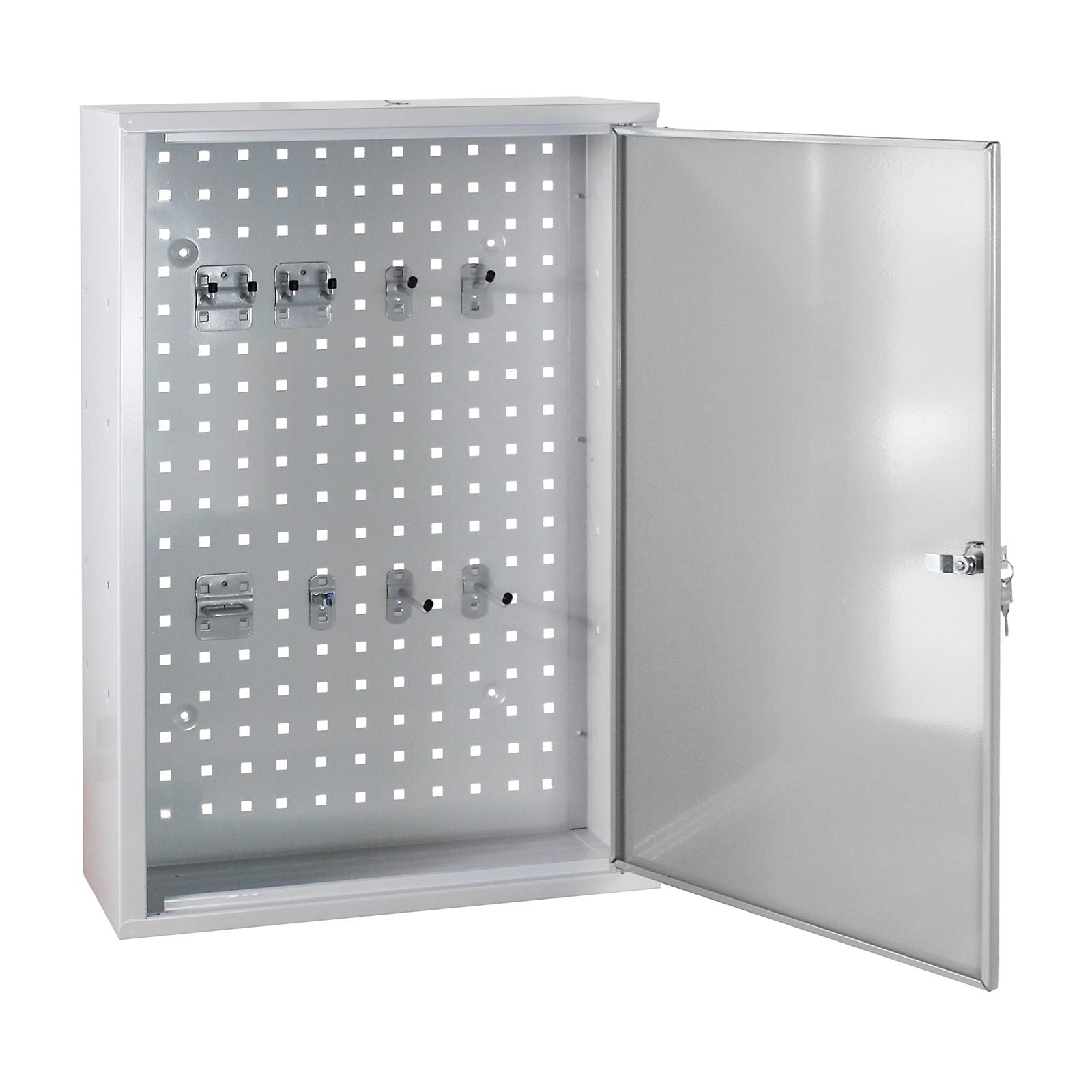 Werkzeug-Wandschrank, Stahlblechschrank mit Loch-Rückwand, 750x500x200 mm, mit 8-tlg. Hakenset