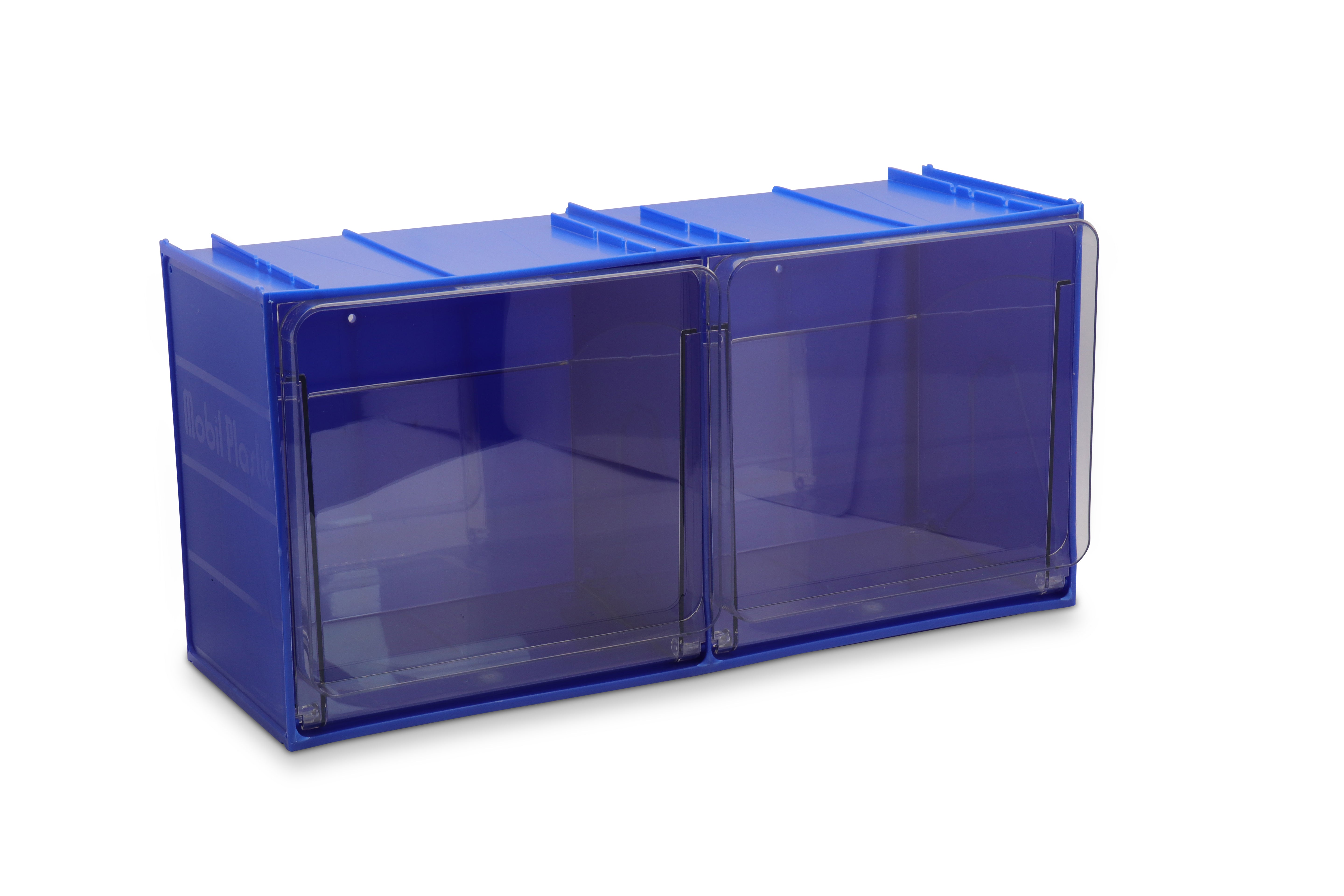 Stapelbares Klarsichtmagazin, Kleinteilemagazin K2, 600x240x300 mm (LxBxH) mit 2 Kippschütten