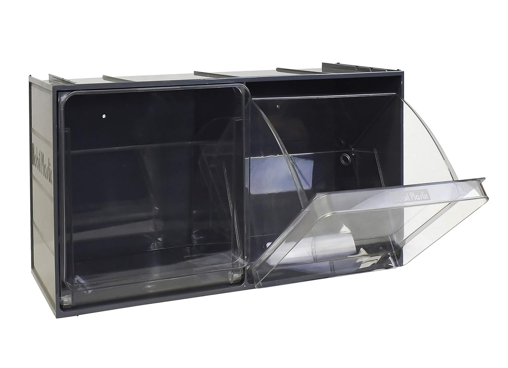 Stapelbares Klarsichtmagazin, Kleinteilemagazin K2, 600x240x300 mm (LxBxH) mit 2 Kippschütten