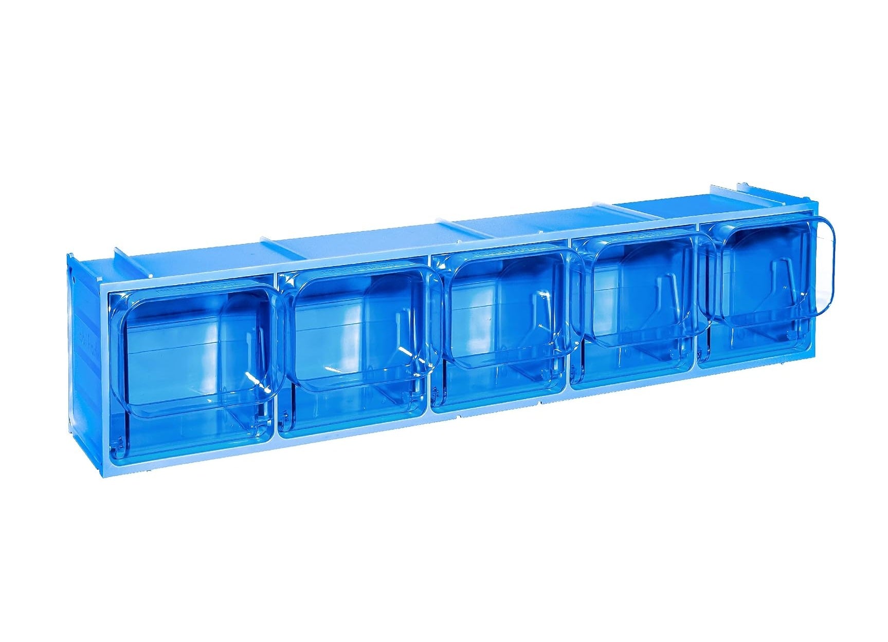 Stapelbares Klarsichtmagazin, Kleinteilemagazin K5, 600x133x132 mm (LxBxH) mit 5 Kippschütten
