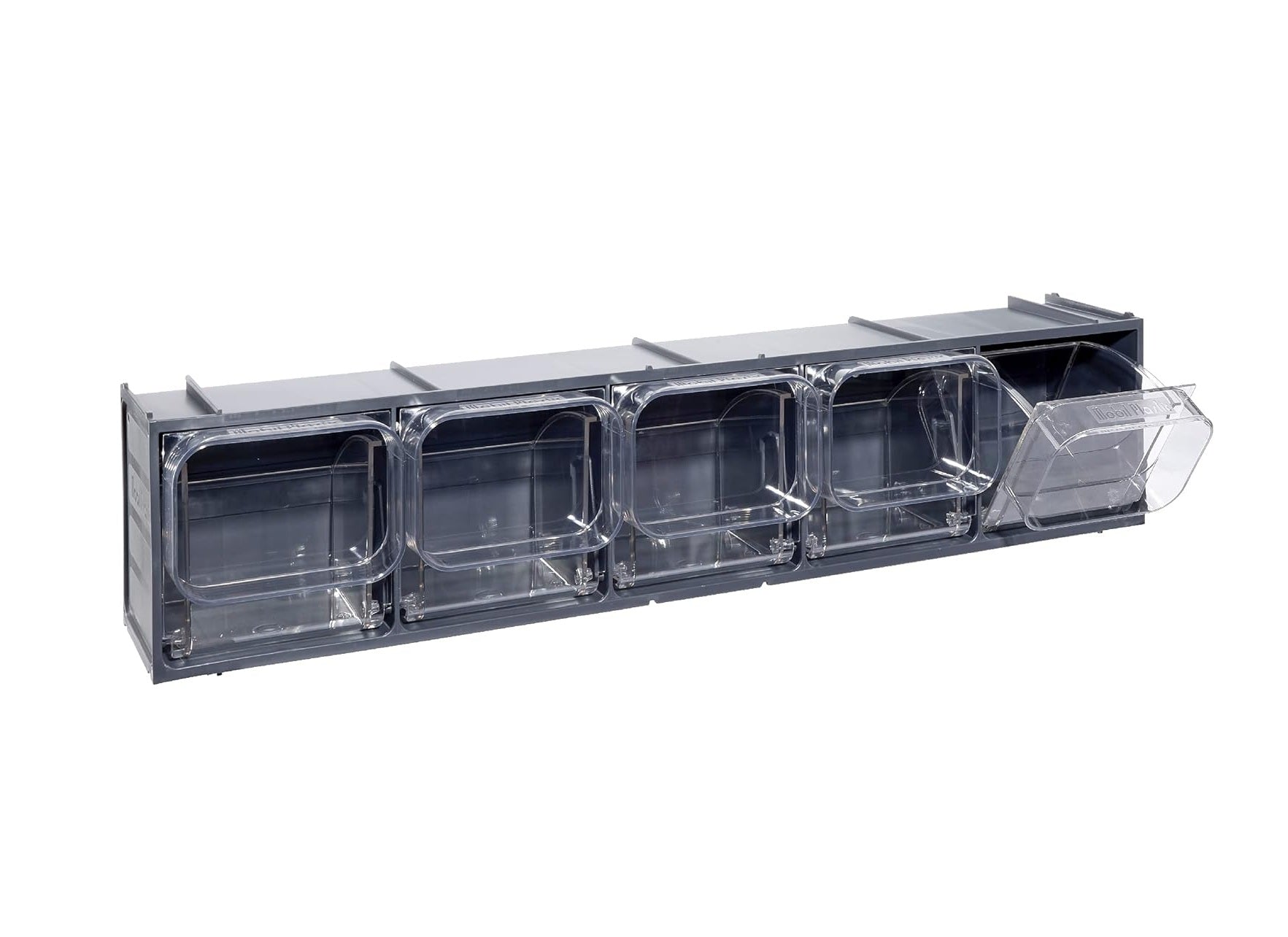 Stapelbares Klarsichtmagazin, Kleinteilemagazin K5, 600x133x132 mm (LxBxH) mit 5 Kippschütten