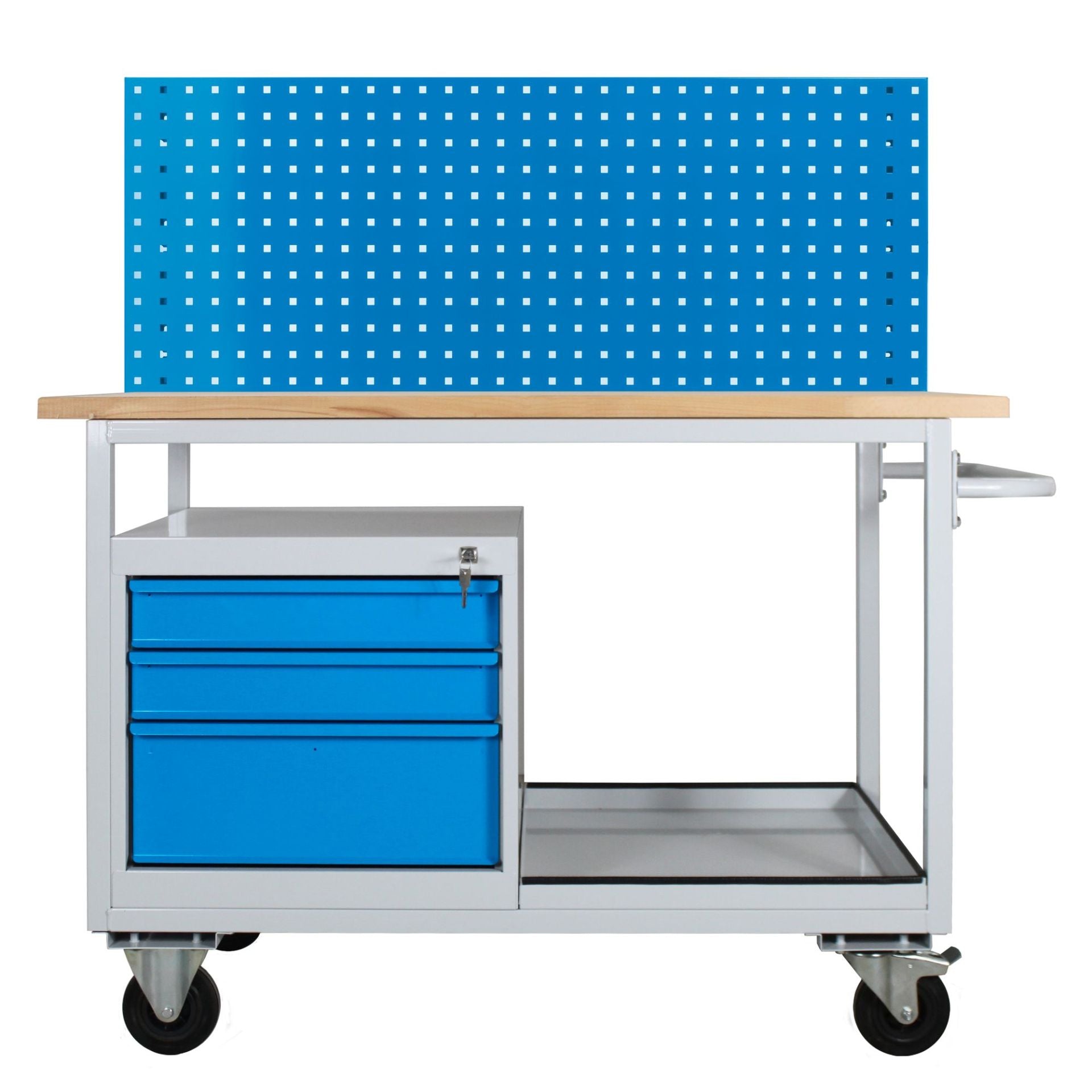 Werkbank Rollwagen mit rückseitiger Lochwand, grau/blau, 1300x600x1306 (BxTxH), 300 kg Traglast