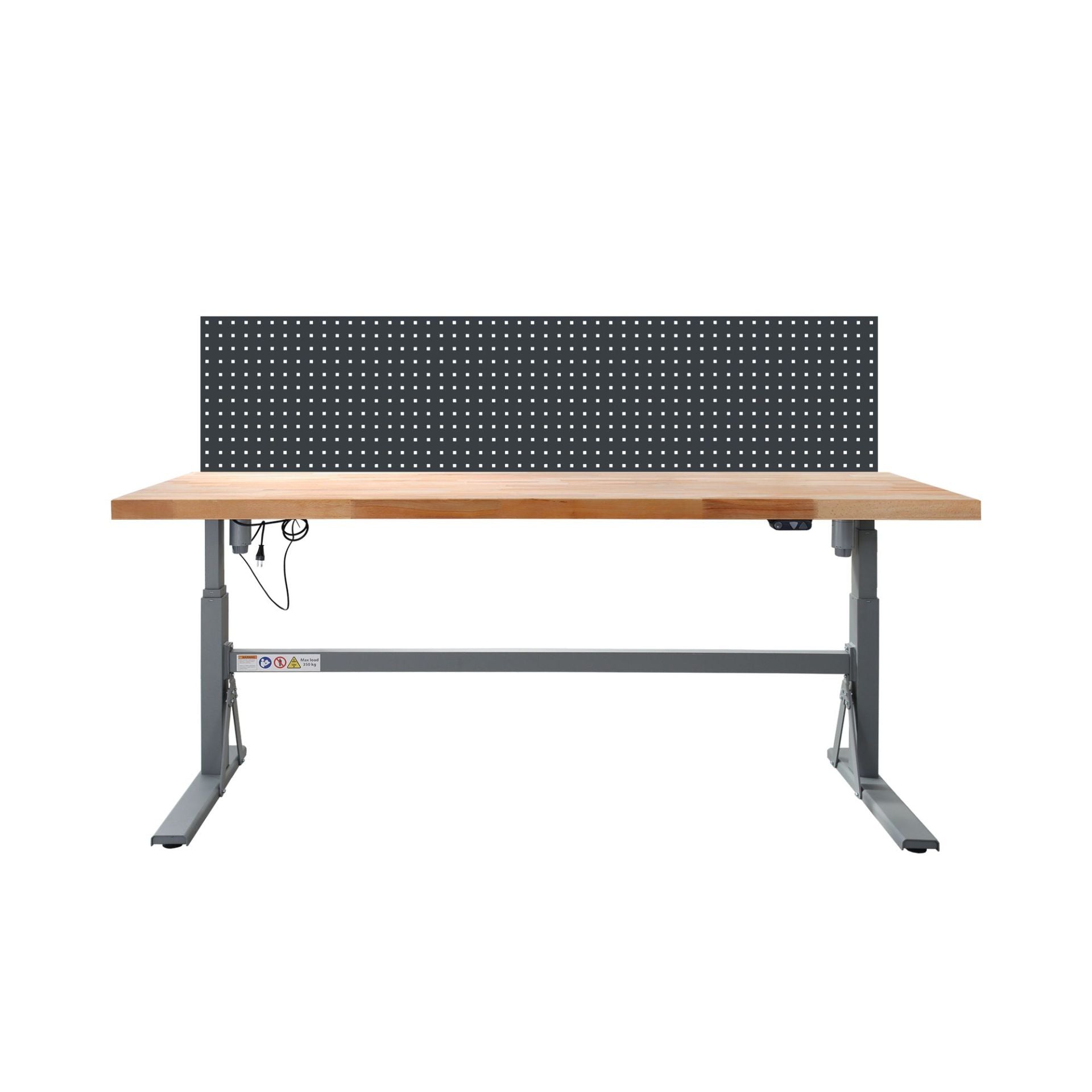 Werkbank XL, elektrisch verstellbar, 2000x750x700-1170 mm, mit Lochwand, 50 mm Buche massiv, extra stabil, 350 kg Traglast